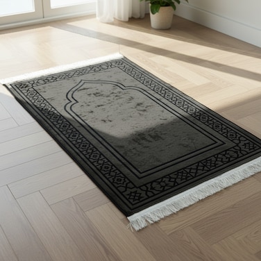 Premium Prayer Mat 70x110cm Printed Velvet Islamic Sajadah with Non-Slip Base &amp; Shiny Tassels, Lightweight &amp; Portable Musalla Gift for Ramadan Eid Hajj Umrah Dark Grey/Black