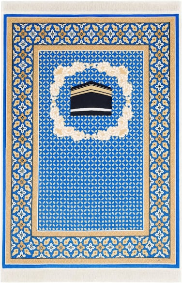 Ultra Plush Silky Prayer Mat 70x110cm Premium Printed Islamic Sajadah Soft with Non-Slip Silicon Base Lightweight Portable Musalla for Gift Ramadan Eid Hajj &amp; Umrah Blue/Beige