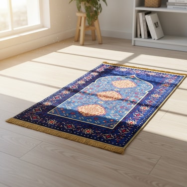 Premium Prayer Mat 70x110cm Printed Velvet Islamic Sajadah with Non-Slip Base &amp; Shiny Tassels, Lightweight &amp; Portable Musalla Gift for Ramadan Eid Hajj Umrah Blue/Multicolor