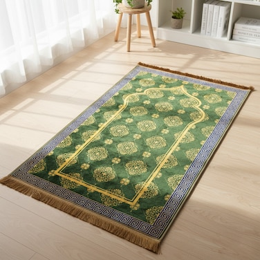 سجادة صلاة فاخرة 70×110 سم مخملية مطبوعة بقاعدة غير قابلة للانزلاق وشراشيب لامعة خفيفة الوزن وسهلة الحمل هدية رمضان عيد حج عمرة أخضر/ذهبي