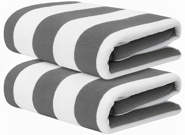 2-Pc Oversized Premium Beach Towels 90x180 cm Luxury Pool Towel Cabana Stripe Oversized Bath Sheet Spa Towel Sand Resistant 5-Star Hotel Quality Towel Grey