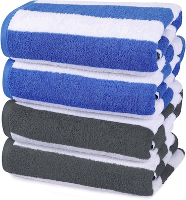 Pack of 4 Beach Towels 30x60 Inch Cabana Stripe Pool Towels 100% Cotton Bath Sheets 76x152 cm Highly Absorbent &amp; Quick Dry Over-Sized Bath Towels Blue/Dark Grey