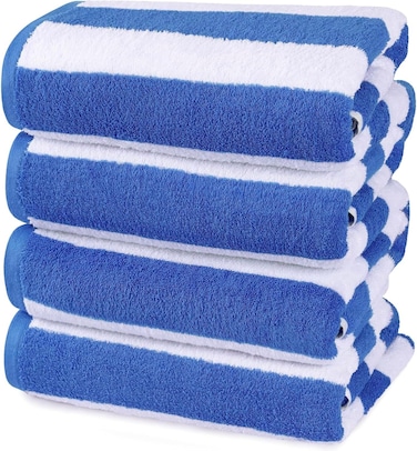 Pack of 4 Beach Towels 30x60 Inch Cabana Stripe Pool Towels 100% Cotton Bath Sheets 76x152 cm Highly Absorbent &amp; Quick Dry Over-Sized Bath Towels Blue