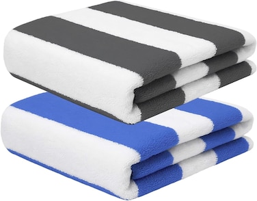 2-Pc 100% Cotton Beach Towels 30x60 Inch Cabana Stripe Pool Towels Cotton Bath Sheets 76x152 cm Highly Absorbent &amp; Quick Dry Over-Sized Bath Towels Blue/Dark Grey