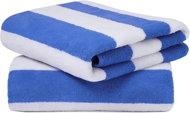 2-Pc 100% Cotton Beach Towels 30x60 Inch Cabana Stripe Pool Towels Cotton Bath Sheets 76x152 cm Highly Absorbent &amp; Quick Dry Over-Sized Bath Towels Blue