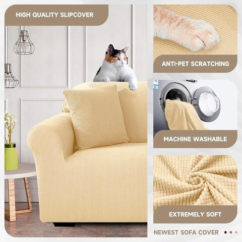 Stretch Fit 4-Seater Sofa Cover Cream Soft Brushed Fabric Couch Cover Full Coverage Furniture Protector Slipcover Four Seater Fits on Standard and Recliner Sofa 235-300cm Size