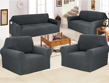 Stretch Fit 7 Seater Sofa Cover Set Grey 3211 Combination Soft Brushed Fabric Couch Cover Full Coverage Furniture Protector Slipcover Seven Seater Fits on Standard and Recliner Sofa