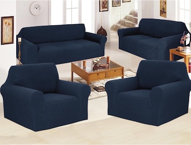 Stretch Fit 7 Seater Sofa Cover Set Navy Blue 3211 Combination Soft Brushed Fabric Couch Cover Full Coverage Furniture Protector Slipcover Seven Seater Fits on Standard and Recliner Sofa