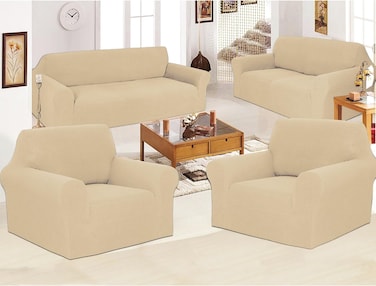 Stretch Fit 7 Seater Sofa Cover Set Cream 3211 Combination Soft Brushed Fabric Couch Cover Full Coverage Furniture Protector Slipcover Seven Seater Fits on Standard and Recliner Sofa
