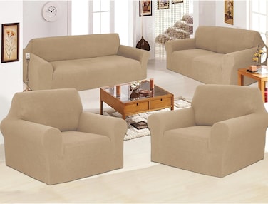 Stretch Fit 7 Seater Sofa Cover Set Sand Beige 3211 Combination Soft Brushed Fabric Couch Cover Full Coverage Furniture Protector Slipcover Seven Seater Fits on Standard and Recliner Sofa