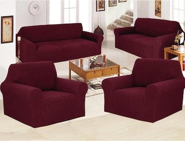 Stretch Fit 7 Seater Sofa Cover Set Burgundy 3211 Combination Soft Brushed Fabric Couch Cover Full Coverage Furniture Protector Slipcover Seven Seater Fits on Standard and Recliner Sofa