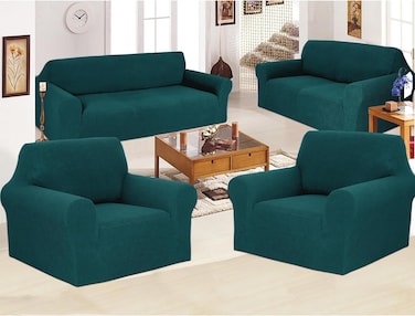 Stretch Fit 7 Seater Sofa Cover Set Teal Green 3211 Combination Soft Brushed Fabric Couch Cover Full Coverage Furniture Protector Slipcover Seven Seater Fits on Standard and Recliner Sofa