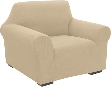 High Stretch 1 Seater Sofa Cover Cream Soft Brushed Fabric Couch Cover Full Coverage Furniture Protector Slipcover One Seater Fits on Standard and Recliner Sofa 80-120cm Size