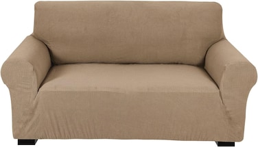 Stretch Fit 2-Seater Sofa Cover Sand Beige Soft Brushed Fabric Couch Cover Full Coverage Furniture Protector Slipcover Two Seater Fits on Standard and Recliner Sofa 145-178cm Size