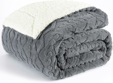 Fabienne Jacquard Sherpa Blanket King Size 220x240cm Faux Fur Bed Blanket Reversible Warm Cashmere Blanket Grey for Throw Bed Sofa Travel Couch