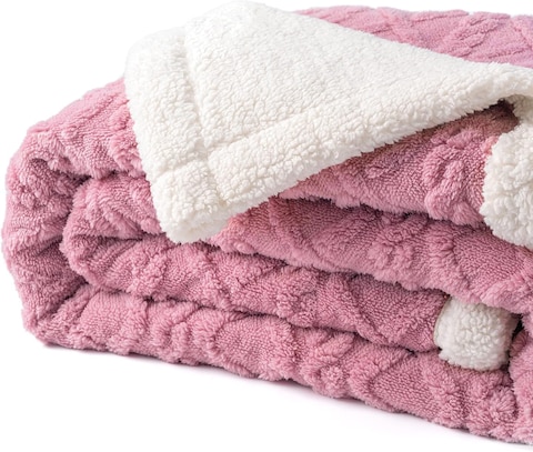 Fabienne Jacquard Sherpa Blanket King Size 220x240cm Faux Fur Bed Blanket Reversible Warm Cashmere Blanket Pink for Throw Bed Sofa Travel Couch