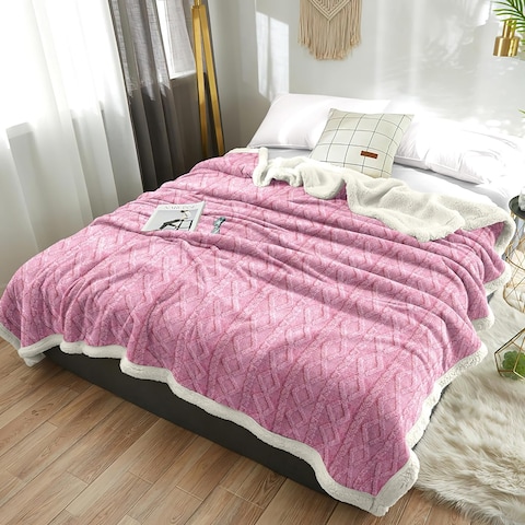 Fabienne Jacquard Sherpa Blanket King Size 220x240cm Faux Fur Bed Blanket Reversible Warm Cashmere Blanket Pink for Throw Bed Sofa Travel Couch