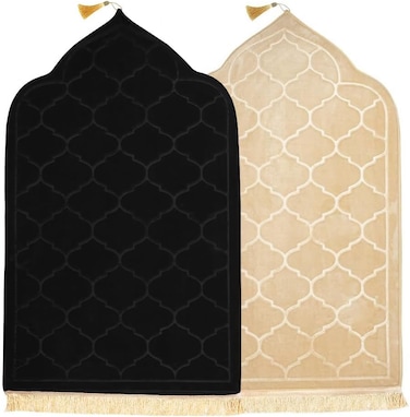 Pack of 2 Prayer Mats 70x110cm Anti-Slip Velvet Top Islamic Prayer Rugs for Gifting New Dome Design Padded Sajadah Prayer Mat for Couples Men Women Eid Gift Ramadan Prayer Mat Black/Beige