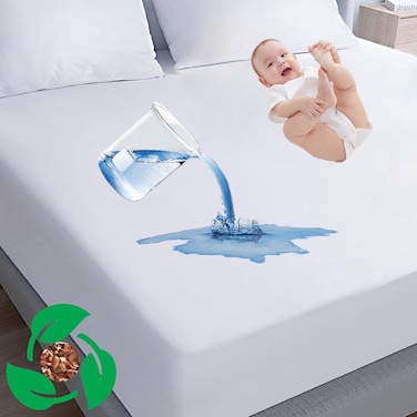 Tencel Waterproof Mattress Protector Super King Size 200x200cm Tencel+TPU High Absorption Pad Cover for Bed Deep Pocket Fitted Style 100% Waterproof Mattress Protector for Super King Size Bed White