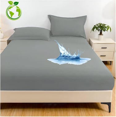 Tencel Waterproof Mattress Protector with 2 Pillowcases Double/Queen Size 150x200cm Tencel+TPU High Absorption Pad Cover for Bed 100% Waterproof Tencel Jersey Mattress Protector Grey