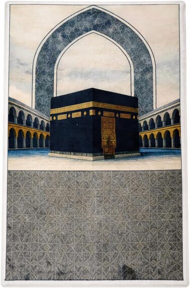Memory Foam Prayer Mat 70x110cm Thick Padded Muslim Prayer Rug with Knee Support Gift for Elderly People Cushioned Anti-Slip Lightweight Janamaz Kaaba Print Salah Mat Grey/Beige