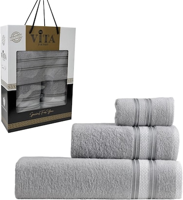 3-Piece Turkish Cotton Towel Set Lightweight Bath Towel Hand &amp; Face Towels Gift Set Soft, Absorbent, Gift-Ready Box Set of Towels in Stripe Border Design Grey