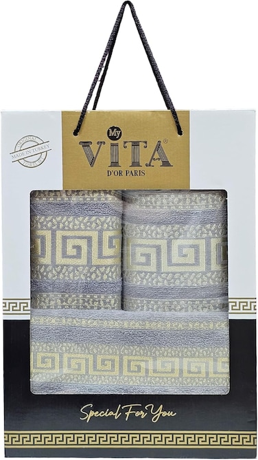 3-Piece Turkish Cotton Towel Set Lightweight Bath, Hand &amp; Face Towels Gift Set Soft, Absorbent, Gift-Ready Box Set of Towels in Golden Jacquard Border Designs Grey/Gold