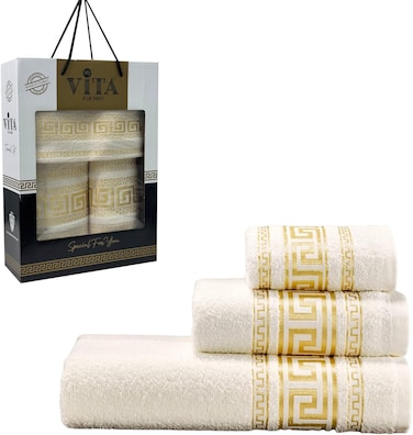 3-Piece Turkish Cotton Towel Set Lightweight Bath, Hand &amp; Face Towels Gift Set Soft, Absorbent, Gift-Ready Box Set of Towels in Golden Jacquard Border Designs Off White/Gold