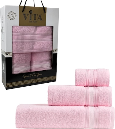 3-Piece Turkish Cotton Towel Set Lightweight Bath Towel Hand &amp; Face Towels Gift Set Soft, Absorbent, Gift-Ready Box Set of Towels in Stripe Border Design Pink