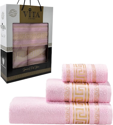3-Piece Turkish Cotton Towel Set Lightweight Bath, Hand &amp; Face Towels Gift Set Soft, Absorbent, Gift-Ready Box Set of Towels in Golden Jacquard Border Designs Pink/Gold