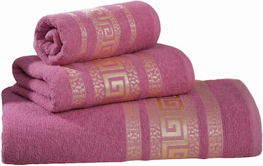 3-Piece Turkish Cotton Towel Set Lightweight Bath, Hand &amp; Face Towels Gift Set Soft, Absorbent, Gift-Ready Box Set of Towels in Golden Jacquard Border Designs Purple/Gold