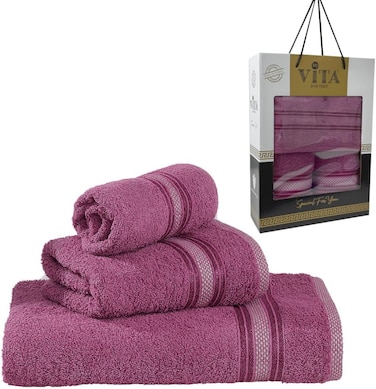 3-Piece Turkish Cotton Towel Set Lightweight Bath Towel Hand &amp; Face Towels Gift Set Soft, Absorbent, Gift-Ready Box Set of Towels in Stripe Border Design Purple