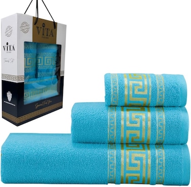 3-Piece Turkish Cotton Towel Set Lightweight Bath, Hand &amp; Face Towels Gift Set Soft, Absorbent, Gift-Ready Box Set of Towels in Golden Jacquard Border Designs Turquoise /Gold