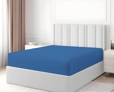 Turkish Jersey Cotton Fitted Sheet King Size 180&times;200 cm Bed Sheet Cotton Deep Pocket 30 cm, Elasticated Edges Royal Blue
