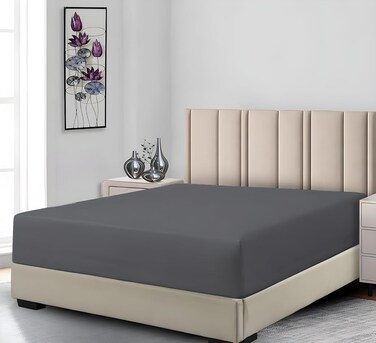 Turkish Jersey Cotton Fitted Sheet King Size 180&times;200 cm Bed Sheet Cotton Deep Pocket 30 cm, Elasticated Edges Dark Grey