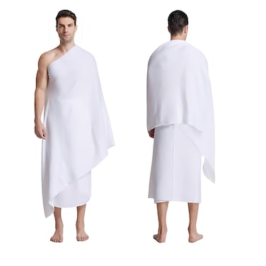 Fabienne 2-Pc Ihram Towel Non-Stitched Men's Ihram for Umrah Pure White Hajj Towel, 82x42 inches 210x110cm Lightweight Umrah Essentials Hygienic Pilgrimage Towel with Bag