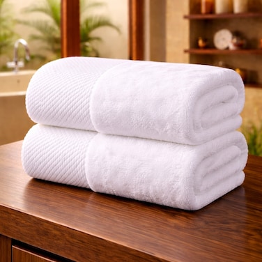 Pack of 2 Cotton Bath Towels White 70x140cm 600 GSM Large Premium Quality Cotton Towel Highly Absorbent and Durable Hotel Spa Luxury Bathroom Towel
