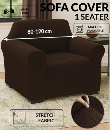 High Stretch 1 Seater Sofa Cover Brown Soft Brushed Fabric Couch Cover Full Coverage Furniture Protector Slipcover One Seater Fits on Standard and Recliner Sofa 80-120cm Size