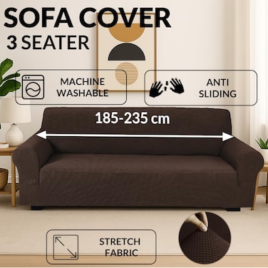 Stretch Fit 3-Seater Sofa Cover Brown Soft Brushed Fabric Couch Cover Full Coverage Furniture Protector Slipcover Three Seater Fits on Standard and Recliner Sofa 185-235cm Size
