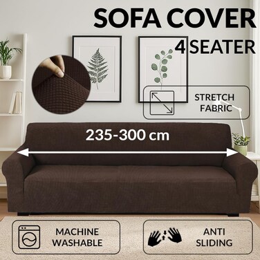 Stretch Fit 4-Seater Sofa Cover Brown Soft Brushed Fabric Couch Cover Full Coverage Furniture Protector Slipcover Four Seater Fits on Standard and Recliner Sofa 235-300cm Size