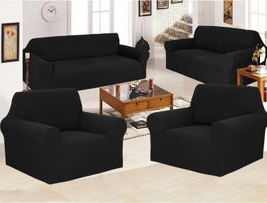 Stretch Fit 7 Seater Sofa Cover Set Black 3211 Combination Soft Brushed Fabric Couch Cover Full Coverage Furniture Protector Slipcover Seven Seater Fits on Standard and Recliner Sofa