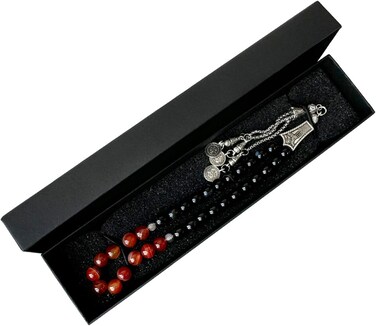 Prayer Beads 33 Natural Stone Aqeeq/Agate Tasbih 8mm with Box and Metallic Tassel Ideal for Gift Ramadan Eid Black/Red