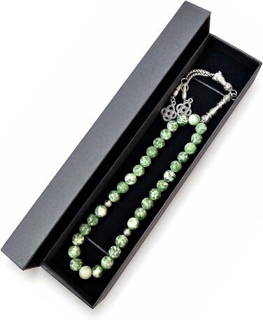 Prayer Beads 33 Natural Stone Ruby Zoisite Green Tasbih 8mm with Gift Box and Metallic Tassel Ideal for Gift Ramadan Hajj Umrah Eid