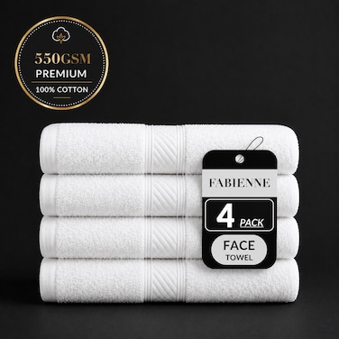 4-Pc Premium Face Towels 33x33 cm 100% Cotton Wash Cloths 13x13" Soft &amp; Absorbent Small Towel Dual Border Design Dish Towels Multipack Set for Bathroom, Dining, Gym, Hotel &amp; Spa