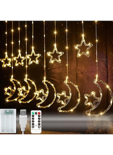 Festive Lights - Star &amp; Crescent Moon Curtain Lights with LED for Eid &amp; Ramadan - Perfect for Home &amp; Garden Decoration