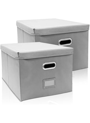 FCG Home - Storage Boxes with Lids &ndash; 2 pack - Fabric Storage Baskets for Shelves, Collapsible and Stackable for organizing Home Office, Documents,