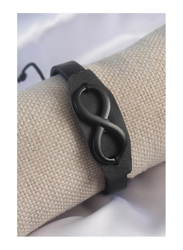 Black Leather Men's Bracelet With Black Infinity Sign