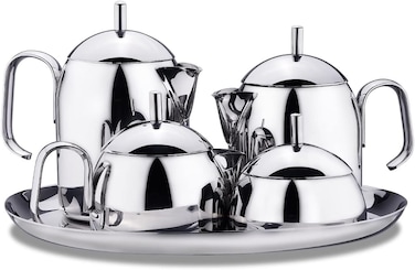 كوركماز طقم شاي وقهوة 9 قطع من بيرا، ستانلس ستيل مع صينية وابريق شاي ووعاء قهوة ووعاء حليب ووعاء سكر، فضي - KA280