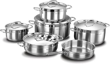 Korkmaz Alfa Xl 11 Pieces Tri-Ply Bottom Stainless Steel Cookware Set, Sandwich Bottom Induction Compatible Pots And Pans Set, Silver -Ka1641