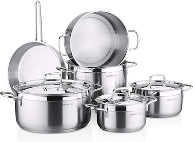 Korkmaz Alfa Plus Couscous 10 Pcs Tri-Ply Bottom Stainless Steel Cookware Set, Sandwich Bottom Induction Compatible Pots And Pans Set, Silver - Ka1998